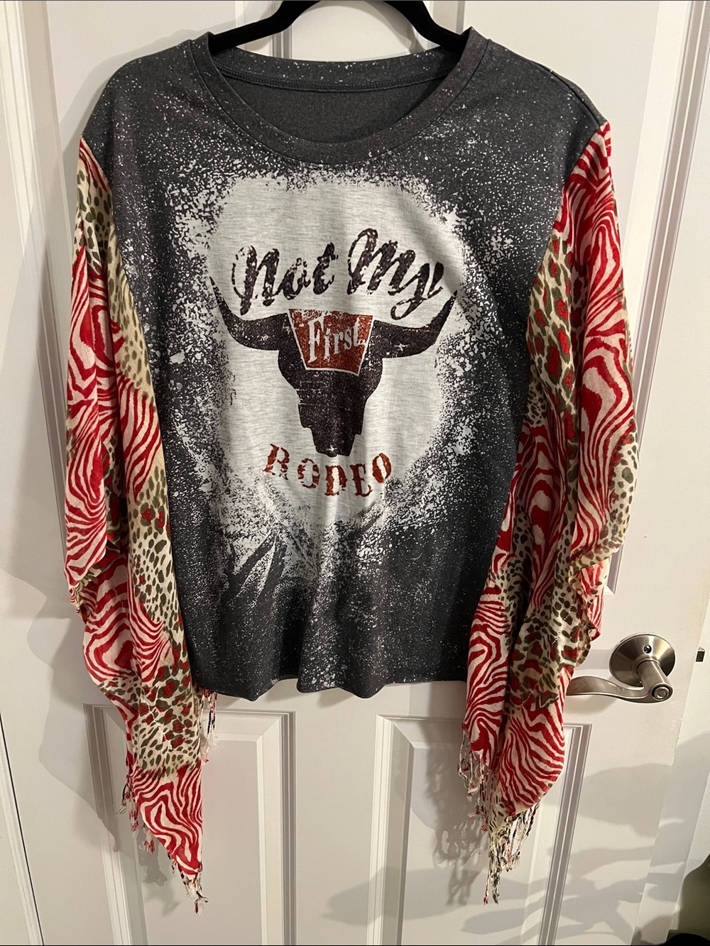 Up Cycled 'Not My First Rodeo' Graphic T-Shirt with Red Patterned Kimono Sleeves